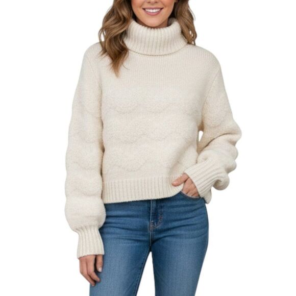 Monique Lhuillier Collection Textured Cream Turtleneck Boxy Cropped Sweater Sz M